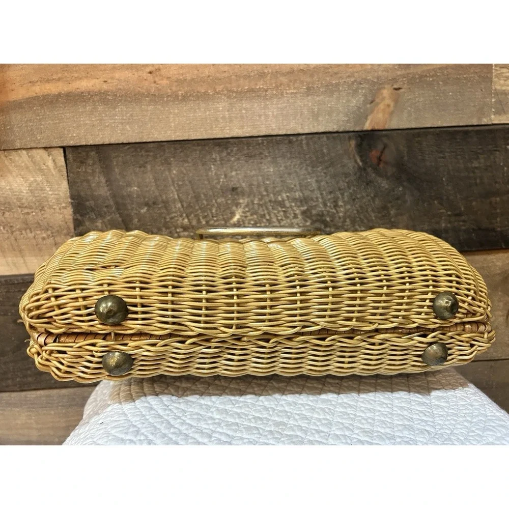 Vintage 50s 60s Coated Wicker Handbag purse Gold‎ Handles